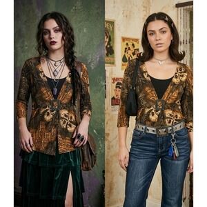 Dressbarn Faux Wrap Top Women Size M Brown Butterfly Animal Print 3/4 Sleeve